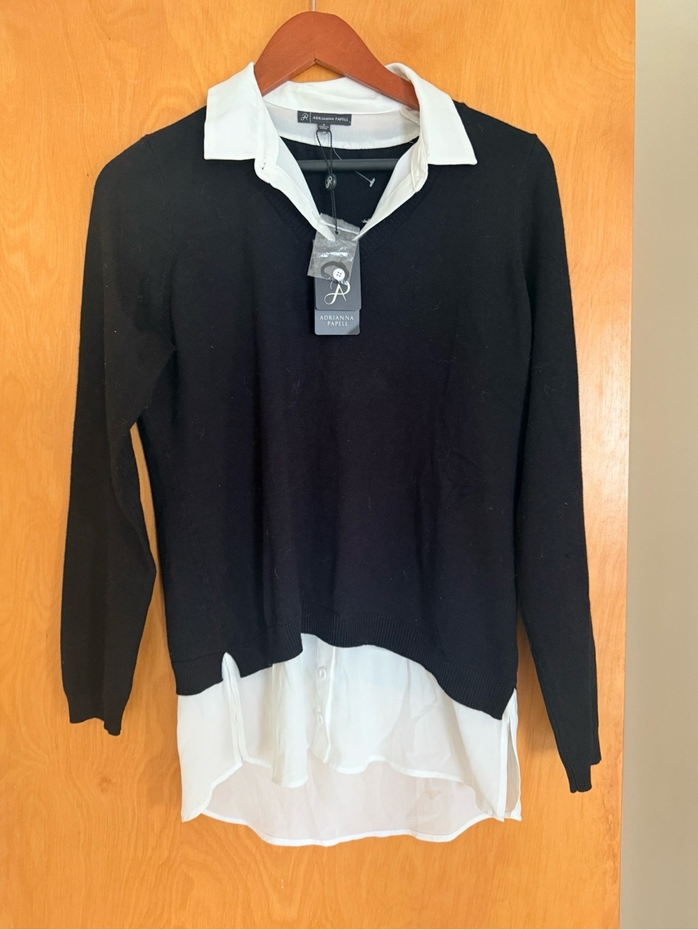 Adrianna Papell Black Sweater with White Attached Collar & Hem